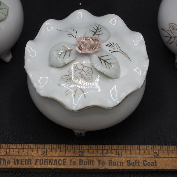 Thames White Porcelain with Pink Flowers 3 piece Set Vanity Top Trinkets - Picture 5 of 7